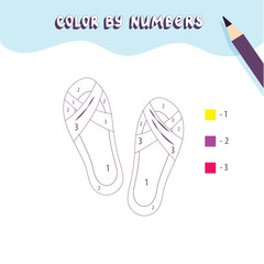 Coloring page with cute sandals. Color by numbers. Educational kid game, drawing childrens activity, printable worksheet.