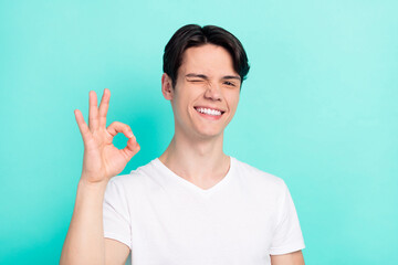 Photo portrait young guy wearing white t-shirt showing okay gesture winking isolated bright teal...