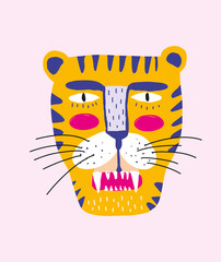 Cute Simple Vector Illustration with Yellow Tiger Isolated on a Pastel Pink Background. Simple Nursery Art for Kids. Print with Funny Wild Cat for Wall Art, Card, Poster, Safari Party Decoration. 