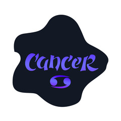 Cancer zodiac sign. Vector hand lettering. The purple gradient on the deep blue background. Calligraphy, astrology, astronomy, birth sign