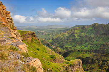 Fototapeta na wymiar Landscape with mountains in Serra Malagueta National Park (Parque Natural de Serra Malagueta) in the northern part of the island of Santiago, Cape Verde, on a sunny day