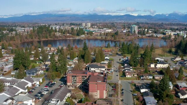 A Stunning Aerial Shot of Mill Lake Park in Central Abbotsford BC Canada on a Sunny Day