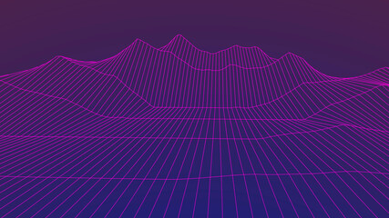 Abstraction. Landscaping of mountains. Wireframe landscape background. 3d sci-fi retro connection background. Futuristic vector illustration