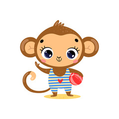 Flat illustration of cute cartoon summer tropical animals on the beach. Baby monkey with beach ball