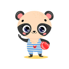 Flat vector illustration of cute cartoon summer tropical animals on the beach. Baby panda bear with beach ball