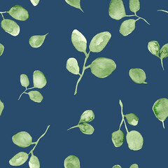 Fototapeta na wymiar Green leaves and foliage watercolor painting - seamless pattern on navy blue background 