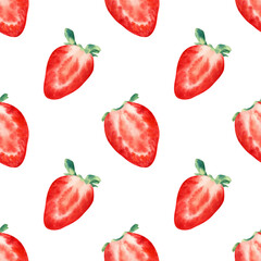 Seamless watercolor strawberry pattern. Summer background with sliced strawberries for textile and decor