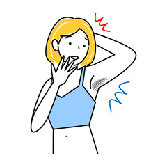 ムダ毛（わき毛）を気にする可愛い女性 イラスト シンプル ベクター
Cute woman worrying about unwanted hair (armpit hair). Illustration. Simple.Vector.