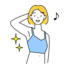 ムダ毛（わき毛）を脱毛し綺麗になった脇の下を見せている笑顔の可愛い女性 イラスト ベクター