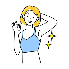 ムダ毛（わき毛）を脱毛し綺麗になった脇の下を見せている笑顔の可愛い女性 イラスト ベクター