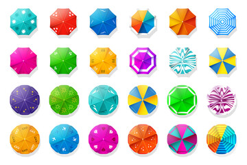 A set of beach umbrella icons with a top view. Collection Summer of parasols. Beach holiday design elements. Stock vector illustration.