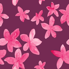 Pink blossom flowers watercolor painting - seamless pattern on purple background