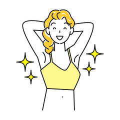 ムダ毛（わき毛）を脱毛し綺麗になった脇の下を見せている笑顔の可愛い女性 イラスト ベクター