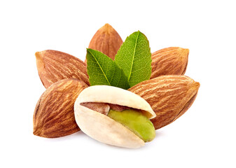Almonds with pistachio in closeup isolated on white background. Nuts isolated.