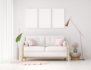 Modern living room interior design with sofa and poster frame mockup on the wall, white sofa with poster, scandinavian style 3d rendering