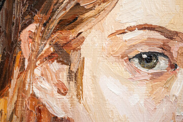 Close-up portrait of a red-haired girl. A woman with a large head of curly hair. Oil painting on canvas.