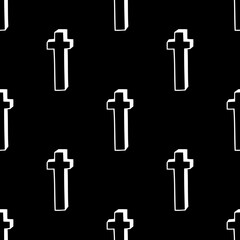 Seamless pattern with white crosses on a black background. Gothic wallpaper