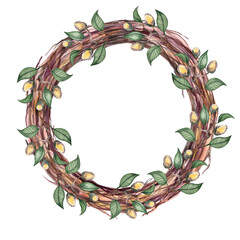 Easter willow wreath spring watercolor isolated on white background