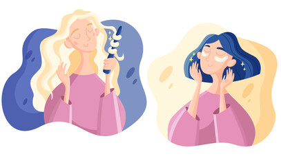Beauty routine, hair routine, flat illustration, girls