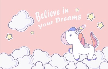 Vector illustration of a cute little unicorn walks on the clouds. Birthday greeting card design, welcome baby greeting card.
