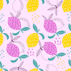 Stylized lemon fruit seamless pattern on pink background. Vector cartoon illustration.