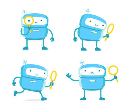 Robot with magnifying glass set. Loupe search. Flat color vector illustration.