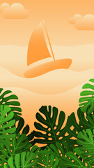 Vertical summer background with beach, boat and leaves monstera