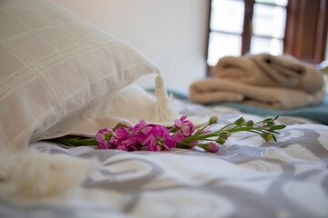 Fototapeta na wymiar beautiful pink flower on the bed in the bedroom for romantic date