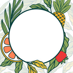 social media background for summer with tropical leaves, oranges, pineapples, and strawberries. 