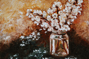Hand drawing: large white sakura flower standing in a glass transparent jar on an orange-brown background. Illustration painted in oil. © Yurii