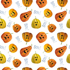 Watercolor hand drawn Halloween seamless pattern on white background. Jack o lantern repeat print. Cute Halloween pumpkins background for textile, fabric, wrapping, wallpaper and decoration