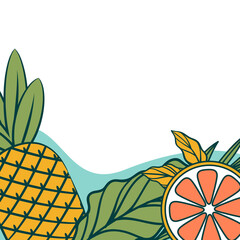 social media background for summer with tropical leaves, oranges, and pineapples. food and beverage background for social media content. 