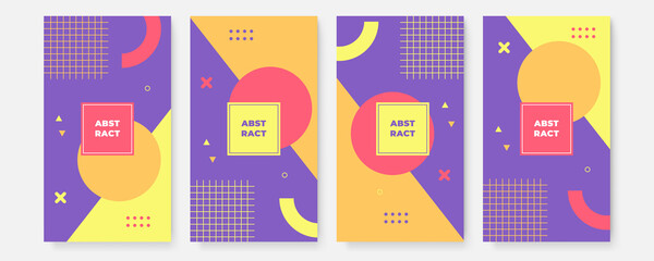 Set of isolated memphis style abstract shapes with geometric triangle and dots. Red and blue, yellow and violet texture made of shapes for minimalistic background. Template with geometric form