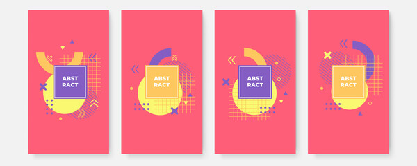 Set of isolated memphis style abstract shapes with geometric triangle and dots. Red and blue, yellow and violet texture made of shapes for minimalistic background. Template with geometric form
