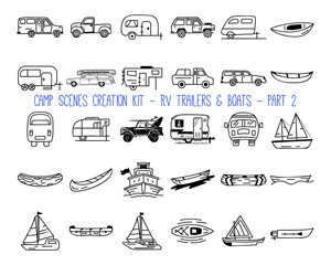 Set of linear icons of camper trailers. Part 2