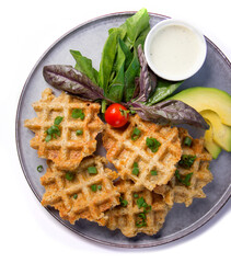 Waffles with salad, avocado and tomatoes, Top view breakfast, Isolated on white