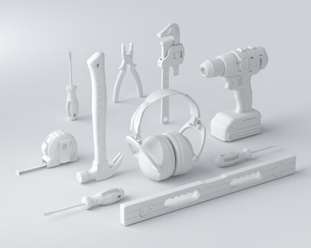 Isometric view of monochrome construction tools for repair on white