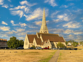 All Saints Anglican parish church illuminated at sunset in Blackheath of London, 
