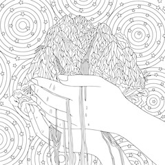 Hands hold nature mountains, waterfall, trees. Save ecology concept. Coloring book page for adult with doodle and zentangle element for antistress. Vector line art.