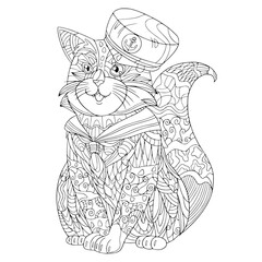 Funny sailor cat in sea clothes coloring book page isolated. Vector summer hand drawing with zentangle elements for anti stress.