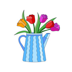 Colorful tulips in blue watering can vector isolated illustration for decor.