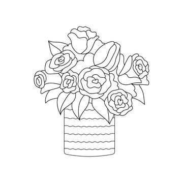 Flowerpot with roses line art vector ispring llustration. Isolated on white.