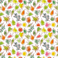 Seamless background with colored doodle green, yellow and red leaves. Can be used for wallpaper, pattern fills, textile, web page background, surface textures.