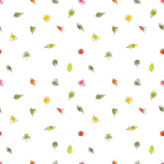 Seamless background with colored doodle green, yellow and red leaves. Can be used for wallpaper, pattern fills, textile, web page background, surface textures.