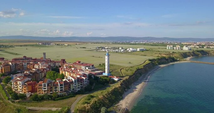 Aerial drone view on the sea resort Aheloy and Lighthouse on the Bulgarian Black Sea coast, Burgas area