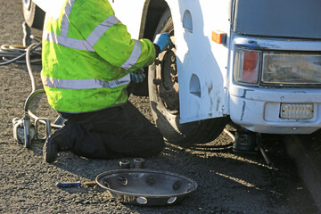 	
Mechanic repairing a Flat tyre on a motorhome	