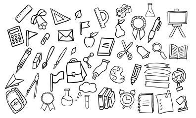 Set of school-themed doodle elements. Vector illustration. School supplies, office supplies.