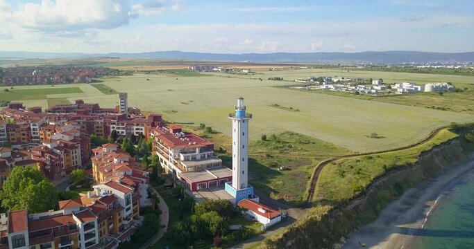 Beautiful Aerial drone view on the sea resort Aheloy and Lighthouse on the Bulgarian Black Sea coast, Burgas rural area