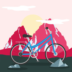 blue bike in front red mountains