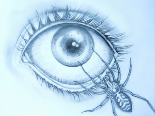 The spider crawls by eye. Fear of spiders. Phobia.